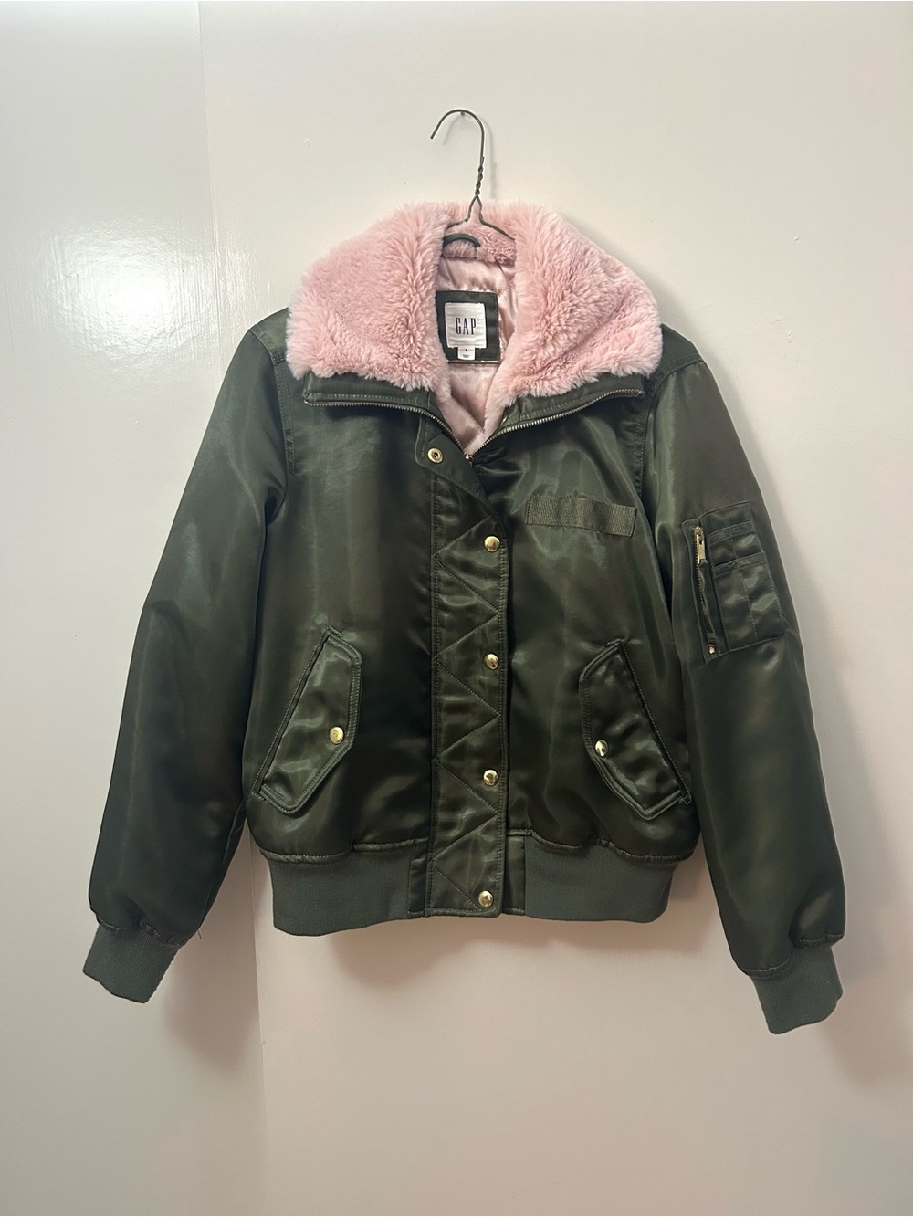 Green Satin Bomber Jacket with Pink Faux-Fur Collar